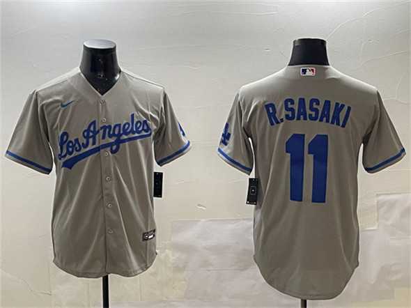 Mens Los Angeles Dodgers #11 Roki Sasaki Gray Cool Base Stitched Jersey